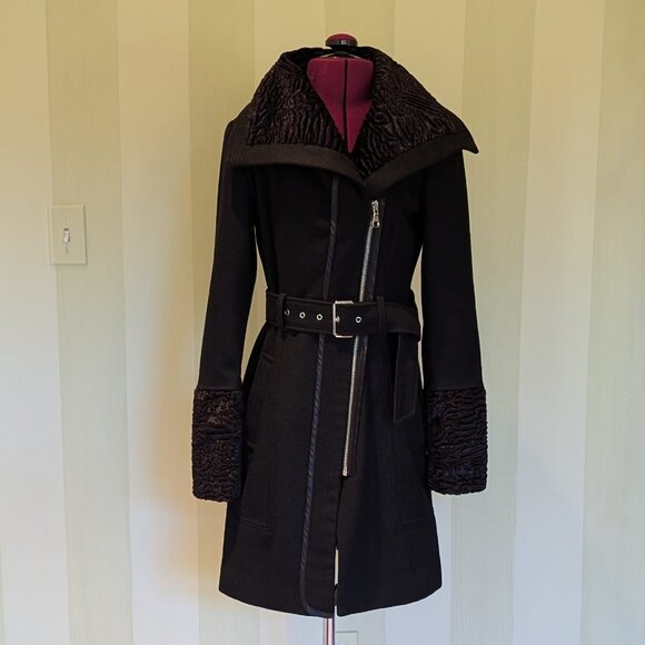 GUESS Women’s Wool-Blend Faux-Fur-Trim Belted Coat, XS - Picture 1 of 12